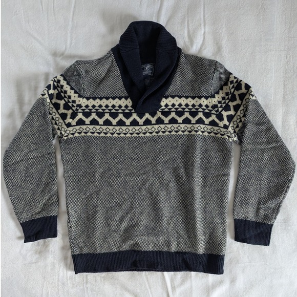 VTG Y2K Lucky Brand Shawl Collar Fair Isle Lambswool‎ Sweater Men's M Navy Cream